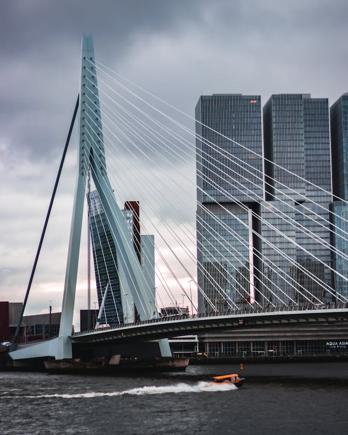 photo-of-city-during-daytime-3243763 Erasmus Bridge and modern skyscrapers in Rotterdam under cloudy skies.